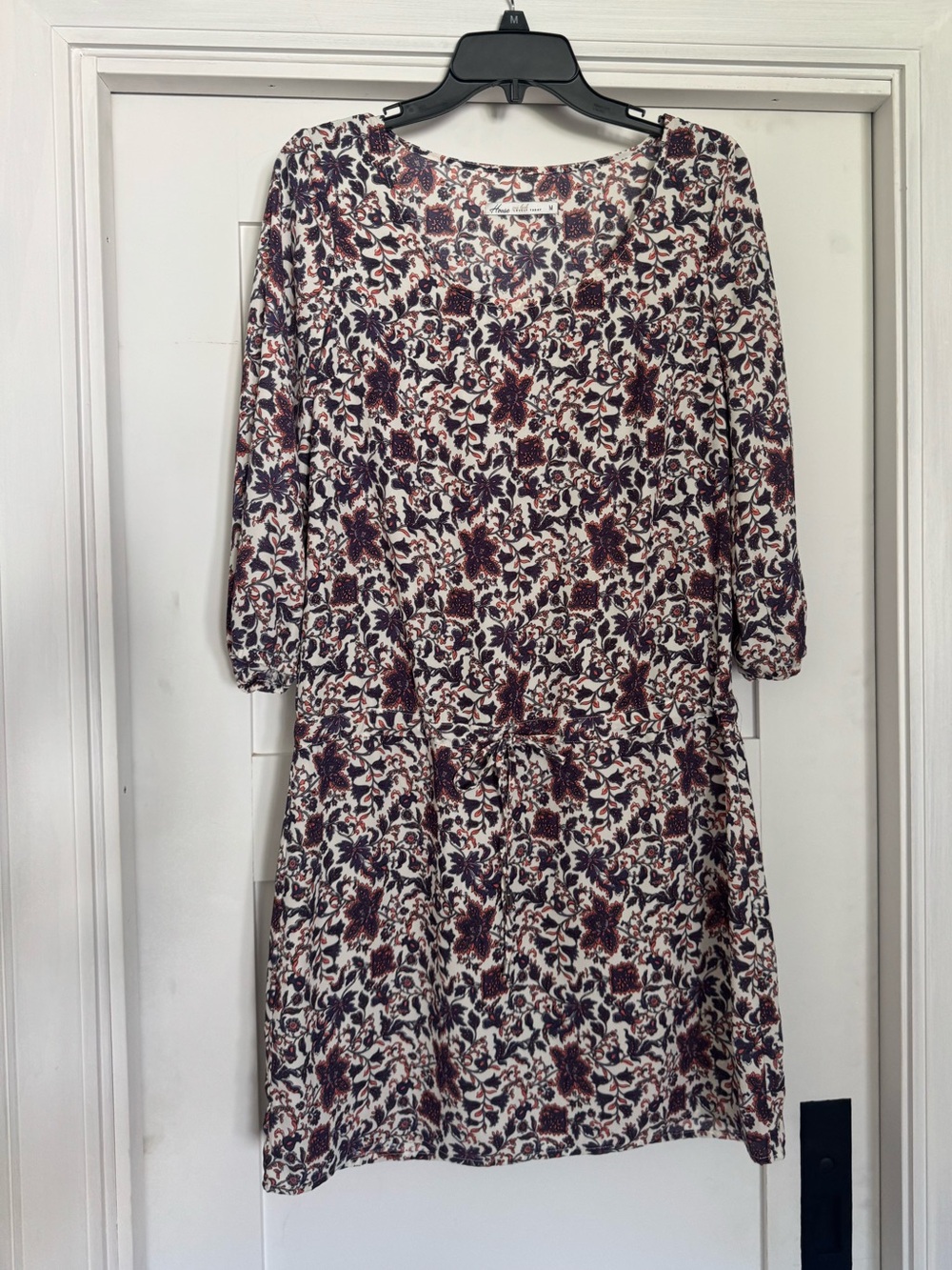 Floral Tie-Waist Long Sleeve Women’s Dress in Cream and Navy